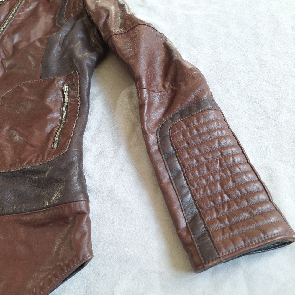 Women’s Brown Hooded Leather Jacket - Picture 4 of 12